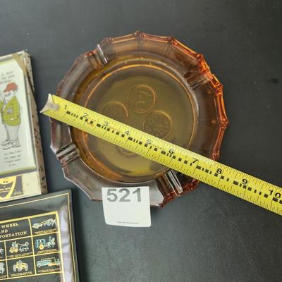 lot of 4 Novelty Glass dishes Trays + Heavy Amber Coin Ashtry
