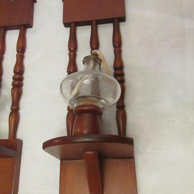 Pair of Oil Lamps in Wooden Frames for Wall Hanging