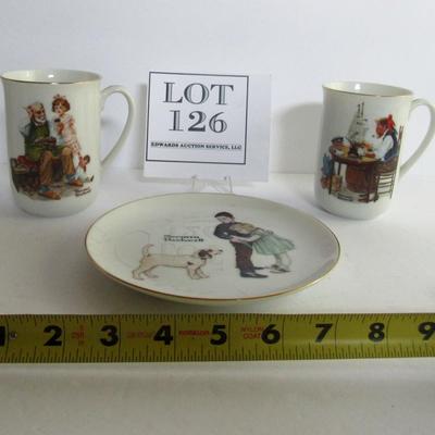 Three Older Japan Norman Rockwell Items: 2 Mugs, Small Plate