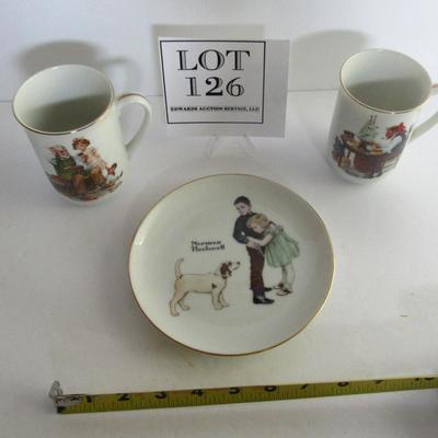 Three Older Japan Norman Rockwell Items: 2 Mugs, Small Plate