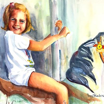 589 Original Watercolor of Girl on Carousel by Peggy Blades