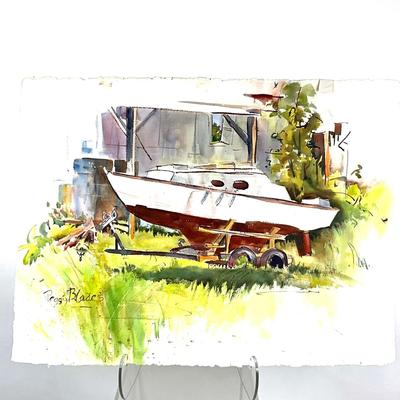 590 Original Watercolor of Boat on Trailer by Peggy Blades