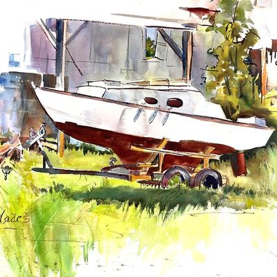 590 Original Watercolor of Boat on Trailer by Peggy Blades