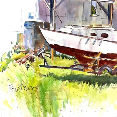 590 Original Watercolor of Boat on Trailer by Peggy Blades