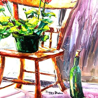 593 Original Artwork Monotype Print of Geraniums in Chair by Peggy Blades