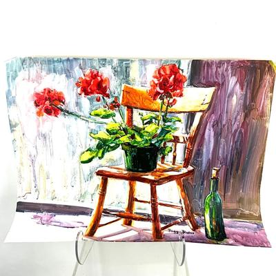 593 Original Artwork Monotype Print of Geraniums in Chair by Peggy Blades