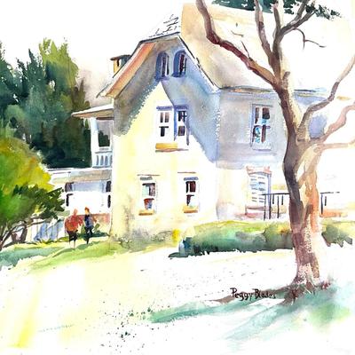 596 Original Watercolor House on the Hill by Peggy Blades