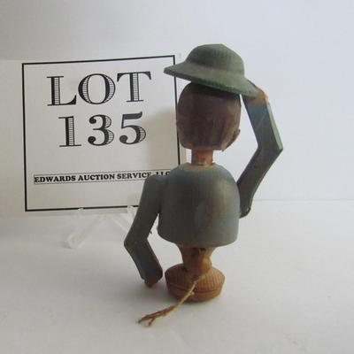 Very Neat Antique Hand Carved Folk Art Bottle Stopper, Pull Cord and Man Tips Hat & Nods Head