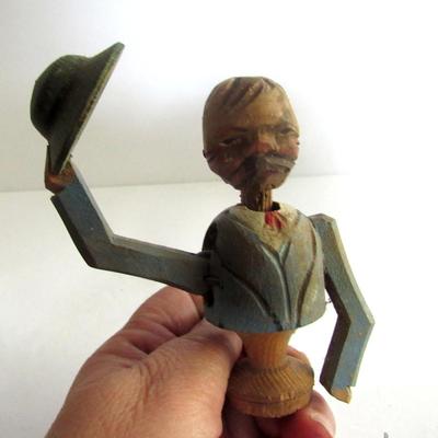 Very Neat Antique Hand Carved Folk Art Bottle Stopper, Pull Cord and Man Tips Hat & Nods Head