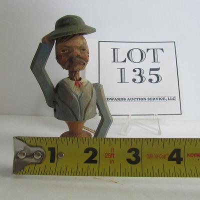 Very Neat Antique Hand Carved Folk Art Bottle Stopper, Pull Cord and Man Tips Hat & Nods Head