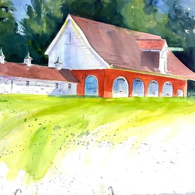 603 Original Watercolor of Stables by Peggy Blades