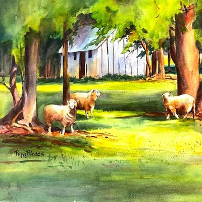 605 Original Watercolor of Sheep in Field by Peggy Blades