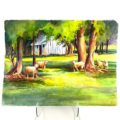 605 Original Watercolor of Sheep in Field by Peggy Blades