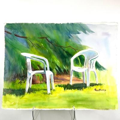606 Original Watercolor of Lawn Chairs by Peggy Blades