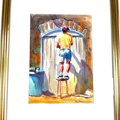 611 Original Watercolor of Man on Stool by Peggy Blades