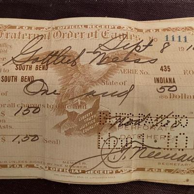 1910 Fraternal Order of Eagles Dues Receipt