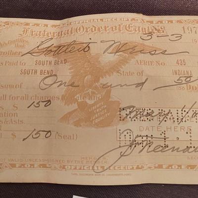 1910 Fraternal Order of Eagles Dues Receipt