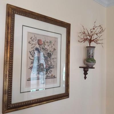 FRAMED PICTURE AND A WOODEN WALL SHELF W/CLAY VASE