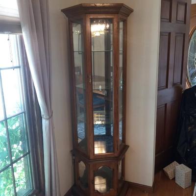 DOUBLE SECTION LIGHTED CORNER CURIO CABINET