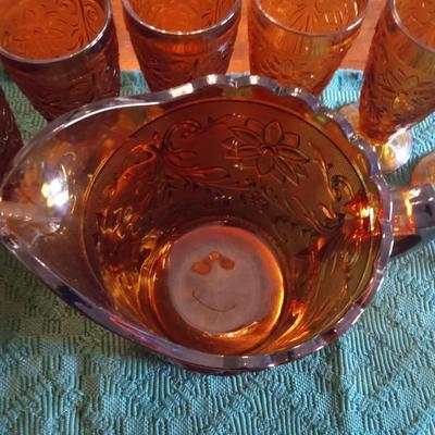 INDIANA TIARA AMBER SANDWICH GLASS TUMBLERS AND PITCHER DAISY PATTERN