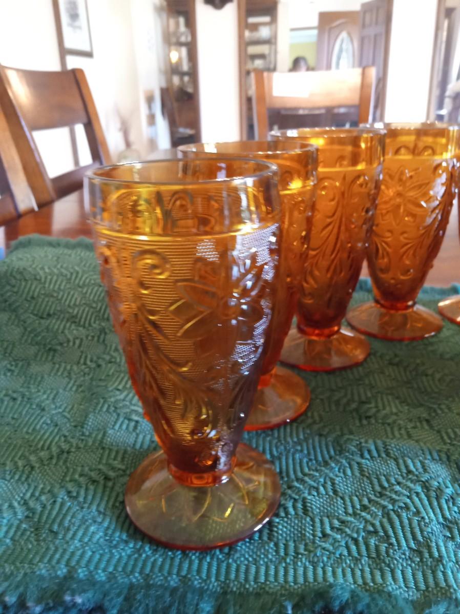 Indiana Tiara Amber Sandwich Glass Tumblers And Pitcher Daisy Pattern 9946