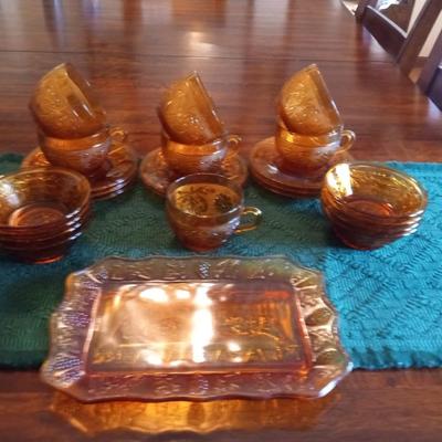 INDIANA TIARA AMBER SANDWICH CUPS/SAUCERS AND DESSERT BOWLS