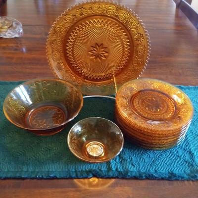 INDIANA TIARA AMBER SANDWICH GLASS PLATTER, SALAD PLATES, SERVING BOWLS