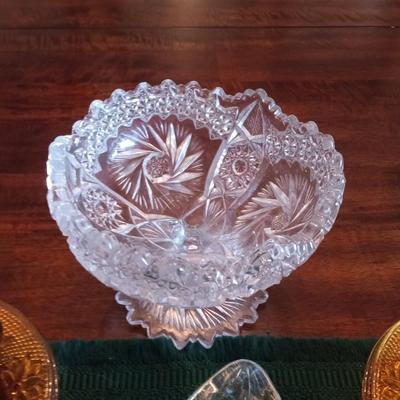 INDIANA TIARA AMBER SNACK PLATES AND CRYSTAL SERVING PIECES