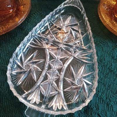 INDIANA TIARA AMBER SNACK PLATES AND CRYSTAL SERVING PIECES