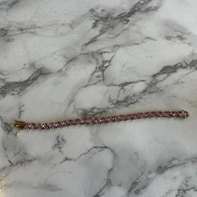 Stunning 21.62g 925 Silver Bracelet Trilliant SYN PINK Estate Vintage Gem Stone
