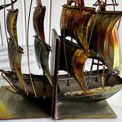 1960s Brutalist Metal Tall Ship Bookends- a Pair