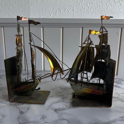 1960s Brutalist Metal Tall Ship Bookends- a Pair