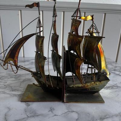1960s Brutalist Metal Tall Ship Bookends- a Pair