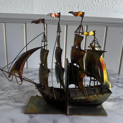 1960s Brutalist Metal Tall Ship Bookends- a Pair