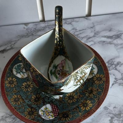 Kutani Yaki Aochibu Tessen Chawan Square Soup Rice Bowl Yamagaki Japan