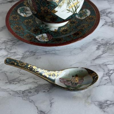 Kutani Yaki Aochibu Tessen Chawan Square Soup Rice Bowl Yamagaki Japan