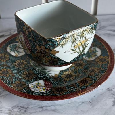 Kutani Yaki Aochibu Tessen Chawan Square Soup Rice Bowl Yamagaki Japan