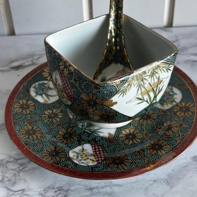 Kutani Yaki Aochibu Tessen Chawan Square Soup Rice Bowl Yamagaki Japan