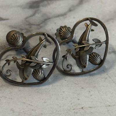 VINTAGE SIGNED GEORG JENSEN DENMARK SCREW ON DOLPHIN EARRINGS