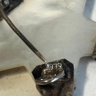 Rare mother of pearl and sterling silver hand carved star brooch pentagram Set