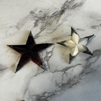 Rare mother of pearl and sterling silver hand carved star brooch pentagram Set
