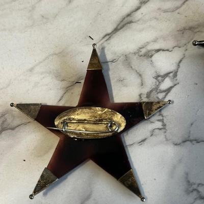 Rare mother of pearl and sterling silver hand carved star brooch pentagram Set