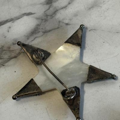 Rare mother of pearl and sterling silver hand carved star brooch pentagram Set