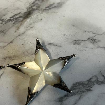 Rare mother of pearl and sterling silver hand carved star brooch pentagram Set