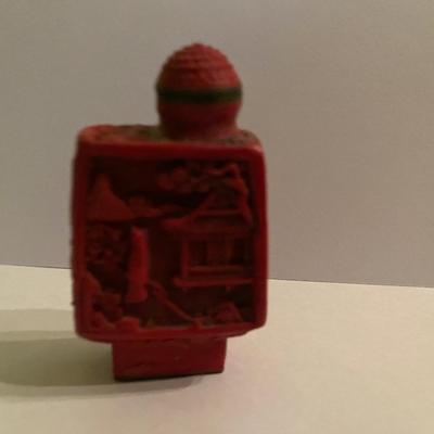 Vintage Chinese Carved Cinnebar Snuff Bottle Brass Bottom