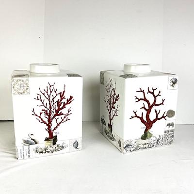 647 Pair of Ceramic Fringe Studios Coral Zoo Tea Jars