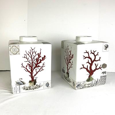 647 Pair of Ceramic Fringe Studios Coral Zoo Tea Jars