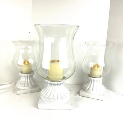 663 Set of Three White Pedestal Pottery Candle Globes with Battery Operated Candles
