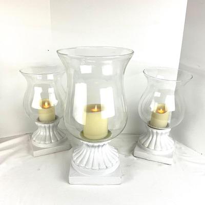 663 Set of Three White Pedestal Pottery Candle Globes with Battery Operated Candles