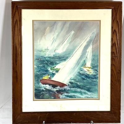 665 Vintage Sailboat Watercolor by Marcie Gray in Chestnut Frame